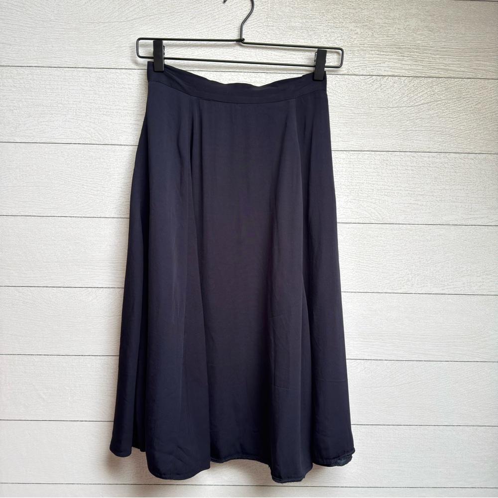 French Connection | Satin Navy Midi Skirt – Minimalist Parisian | Size 2